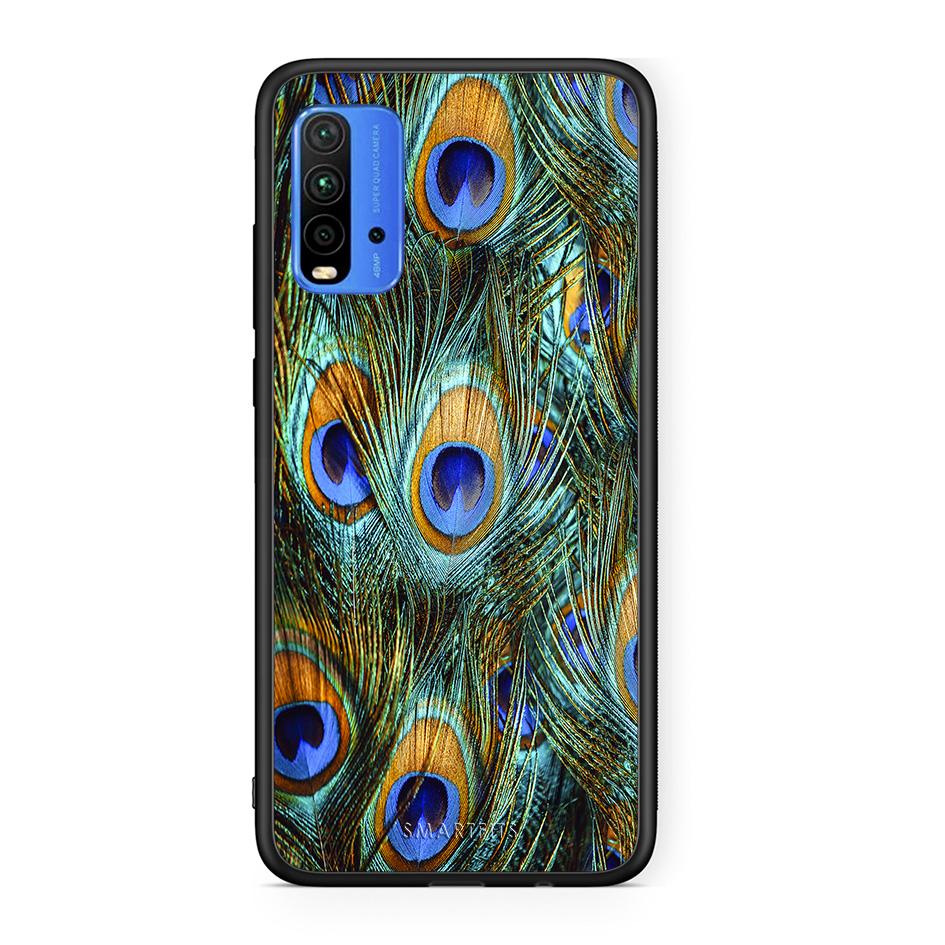 Xiaomi Redmi 9T Real Peacock Feathers θήκη από τη Smartfits με σχέδιο στο πίσω μέρος και μαύρο περίβλημα | Smartphone case with colorful back and black bezels by Smartfits