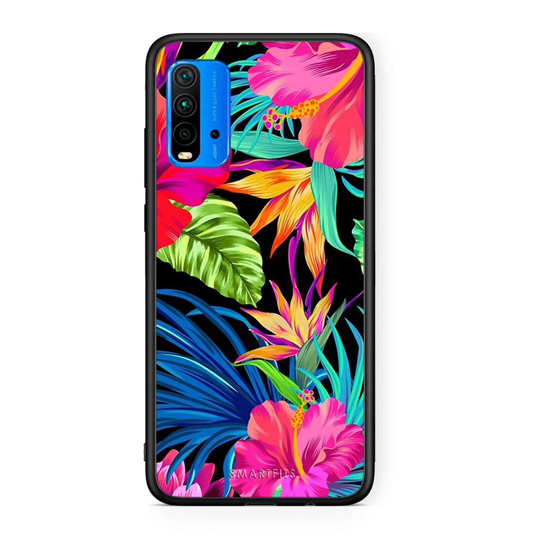 Xiaomi Redmi 9T Tropical Flowers θήκη από τη Smartfits με σχέδιο στο πίσω μέρος και μαύρο περίβλημα | Smartphone case with colorful back and black bezels by Smartfits