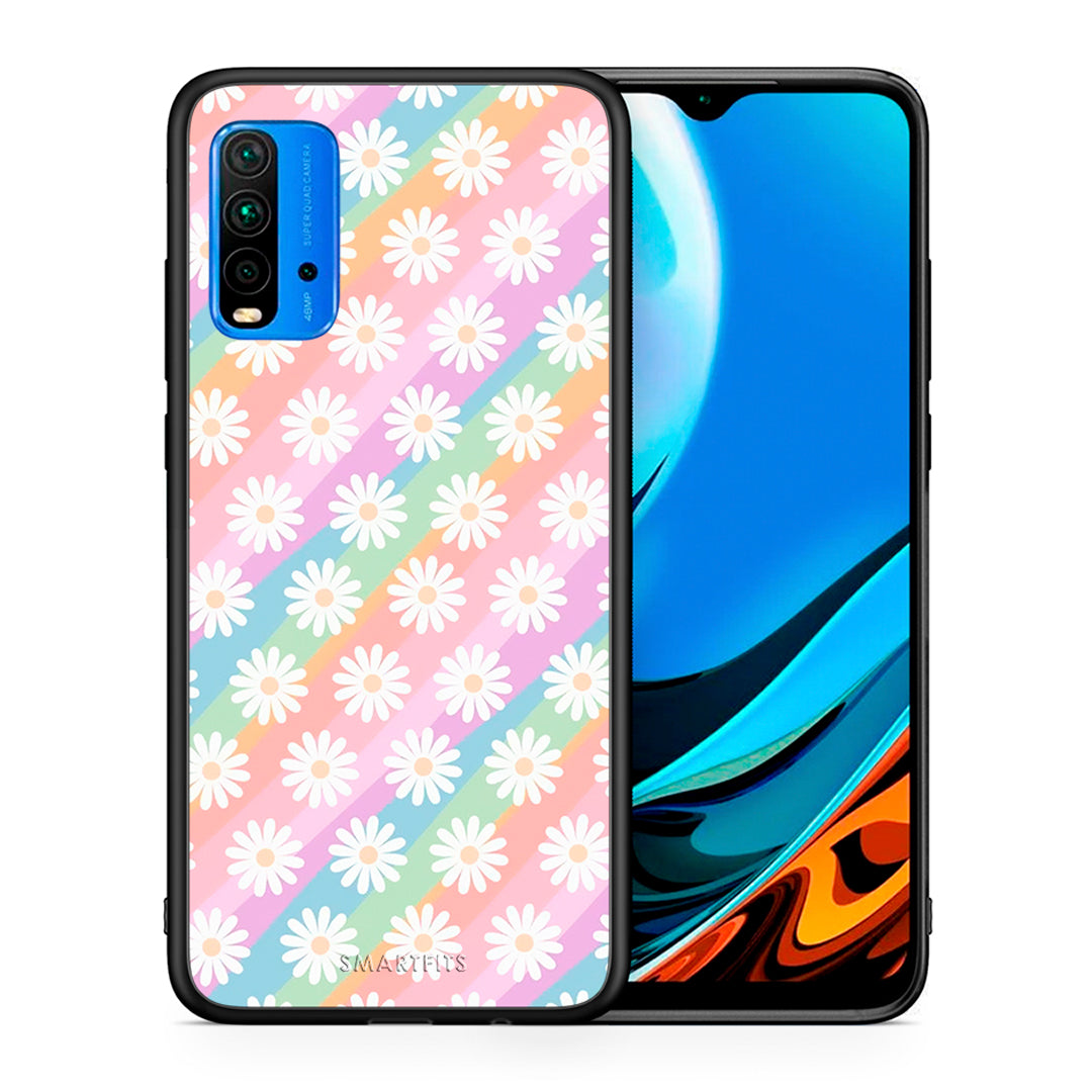 Θήκη Xiaomi Redmi 9T White Daisies από τη Smartfits με σχέδιο στο πίσω μέρος και μαύρο περίβλημα | Xiaomi Redmi 9T White Daisies case with colorful back and black bezels
