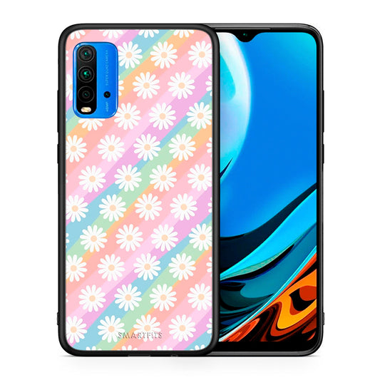 Θήκη Xiaomi Redmi 9T White Daisies από τη Smartfits με σχέδιο στο πίσω μέρος και μαύρο περίβλημα | Xiaomi Redmi 9T White Daisies case with colorful back and black bezels