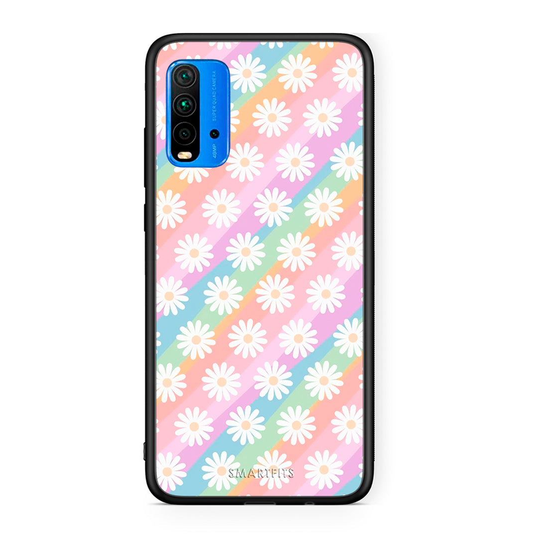 Xiaomi Redmi 9T White Daisies θήκη από τη Smartfits με σχέδιο στο πίσω μέρος και μαύρο περίβλημα | Smartphone case with colorful back and black bezels by Smartfits