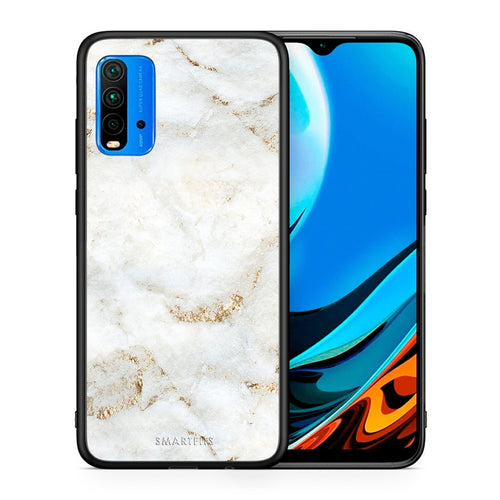 Θήκη Xiaomi Redmi 9T White Gold Marble από τη Smartfits με σχέδιο στο πίσω μέρος και μαύρο περίβλημα | Xiaomi Redmi 9T White Gold Marble case with colorful back and black bezels