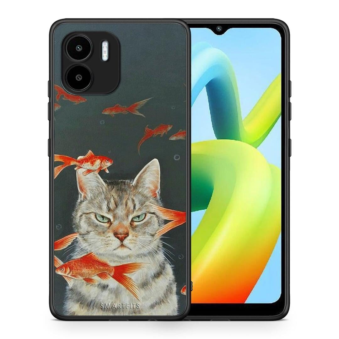 Θήκη Xiaomi Redmi A1 / A2 Cat Goldfish από τη Smartfits με σχέδιο στο πίσω μέρος και μαύρο περίβλημα | Xiaomi Redmi A1 / A2 Cat Goldfish Case with Colorful Back and Black Bezels