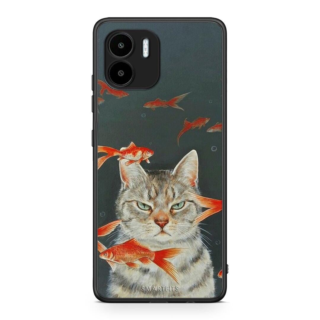 Θήκη Xiaomi Redmi A1 / A2 Cat Goldfish από τη Smartfits με σχέδιο στο πίσω μέρος και μαύρο περίβλημα | Xiaomi Redmi A1 / A2 Cat Goldfish Case with Colorful Back and Black Bezels