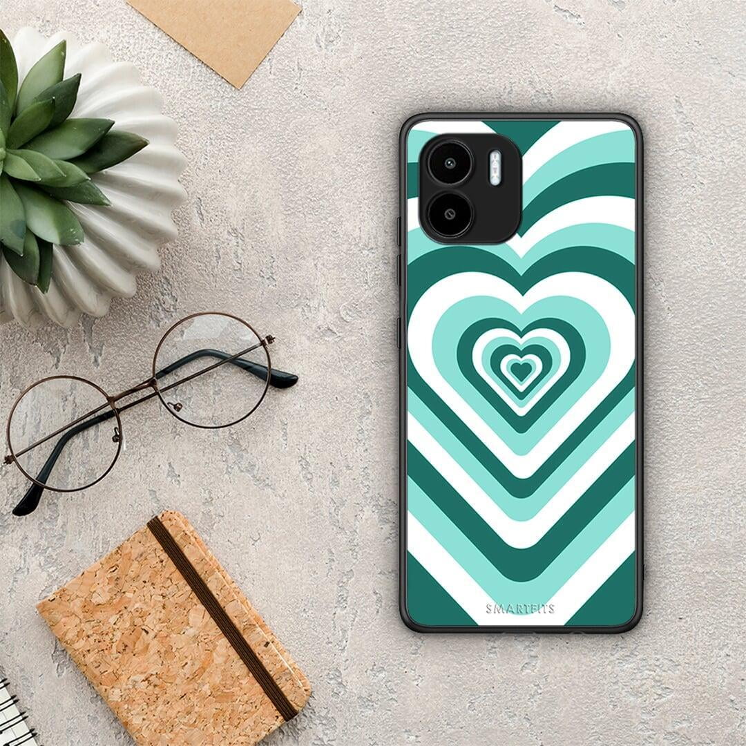 Θήκη Xiaomi Redmi A1 / A2 Green Hearts από τη Smartfits με σχέδιο στο πίσω μέρος και μαύρο περίβλημα | Xiaomi Redmi A1 / A2 Green Hearts Case with Colorful Back and Black Bezels