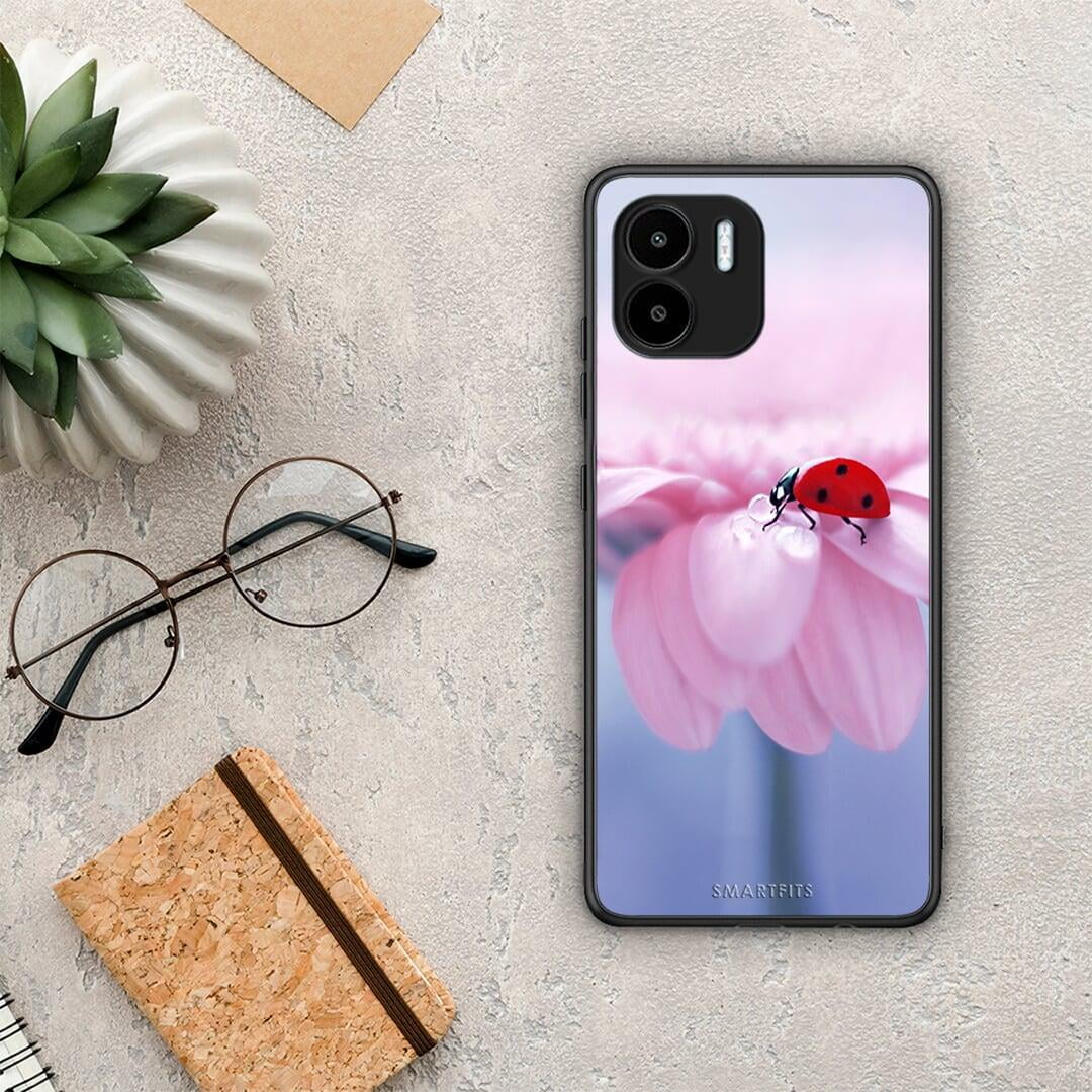 Θήκη Xiaomi Redmi A1 / A2 Ladybug Flower από τη Smartfits με σχέδιο στο πίσω μέρος και μαύρο περίβλημα | Xiaomi Redmi A1 / A2 Ladybug Flower Case with Colorful Back and Black Bezels