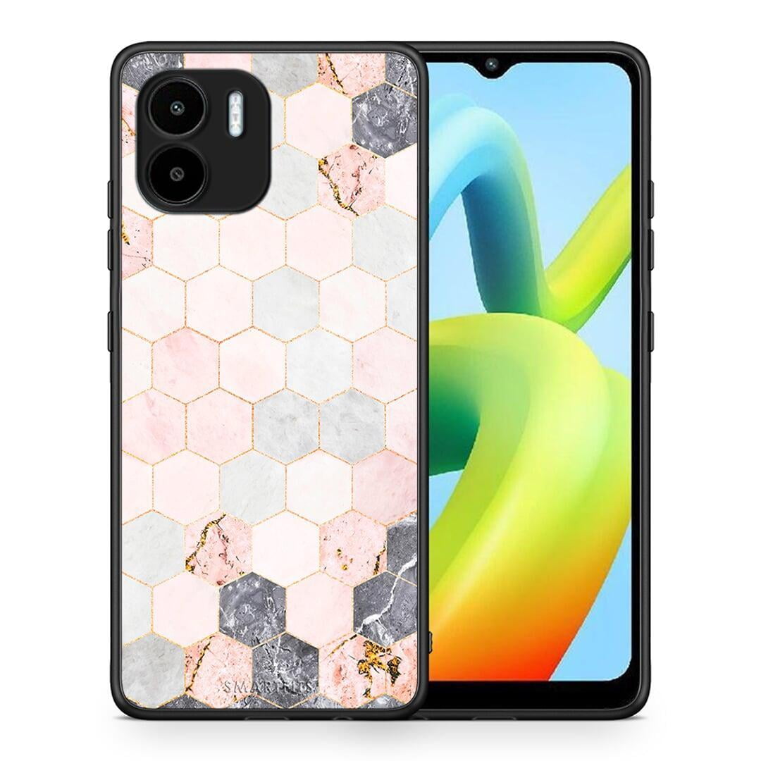 Θήκη Xiaomi Redmi A1 / A2 Marble Hexagon Pink από τη Smartfits με σχέδιο στο πίσω μέρος και μαύρο περίβλημα | Xiaomi Redmi A1 / A2 Marble Hexagon Pink Case with Colorful Back and Black Bezels