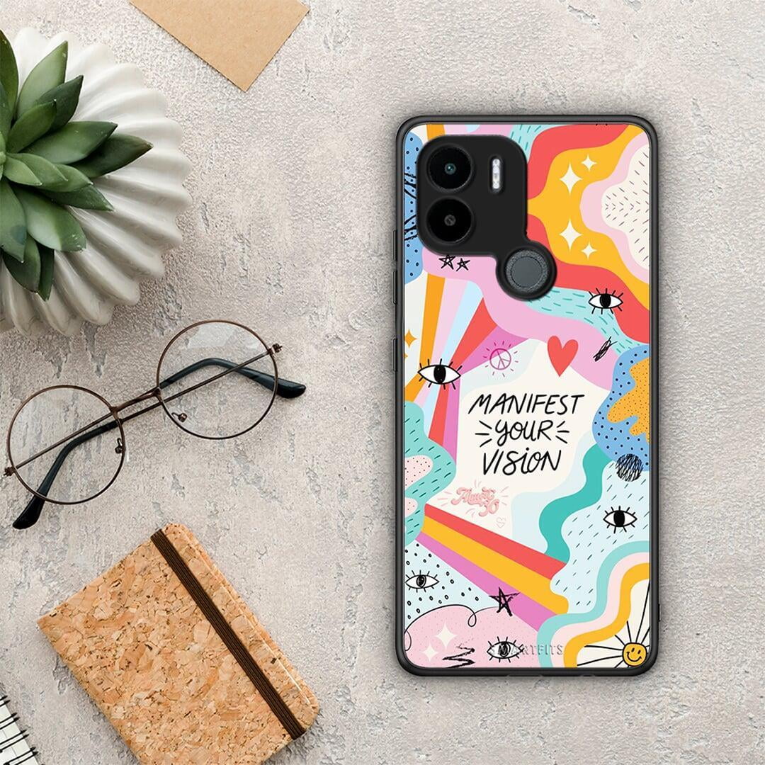 Θήκη Xiaomi Redmi A1+ / A2+ Manifest Your Vision από τη Smartfits με σχέδιο στο πίσω μέρος και μαύρο περίβλημα | Xiaomi Redmi A1+ / A2+ Manifest Your Vision Case with Colorful Back and Black Bezels