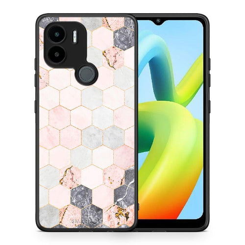 Θήκη Xiaomi Redmi A1+ / A2+ Marble Hexagon Pink από τη Smartfits με σχέδιο στο πίσω μέρος και μαύρο περίβλημα | Xiaomi Redmi A1+ / A2+ Marble Hexagon Pink Case with Colorful Back and Black Bezels