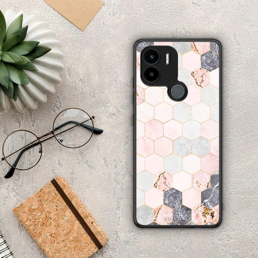 Θήκη Xiaomi Redmi A1+ / A2+ Marble Hexagon Pink από τη Smartfits με σχέδιο στο πίσω μέρος και μαύρο περίβλημα | Xiaomi Redmi A1+ / A2+ Marble Hexagon Pink Case with Colorful Back and Black Bezels