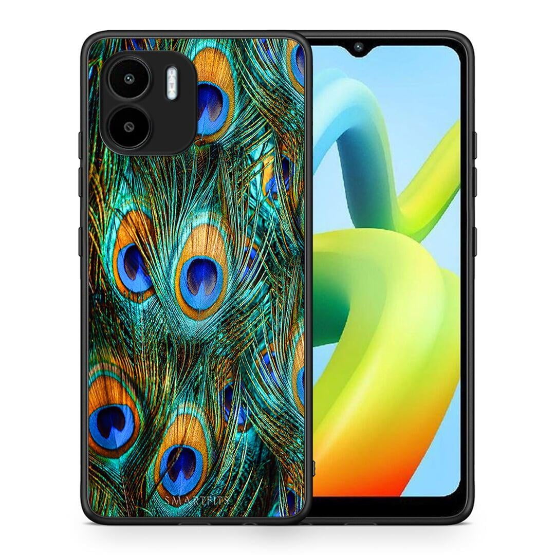 Θήκη Xiaomi Redmi A1 / A2 Real Peacock Feathers από τη Smartfits με σχέδιο στο πίσω μέρος και μαύρο περίβλημα | Xiaomi Redmi A1 / A2 Real Peacock Feathers Case with Colorful Back and Black Bezels