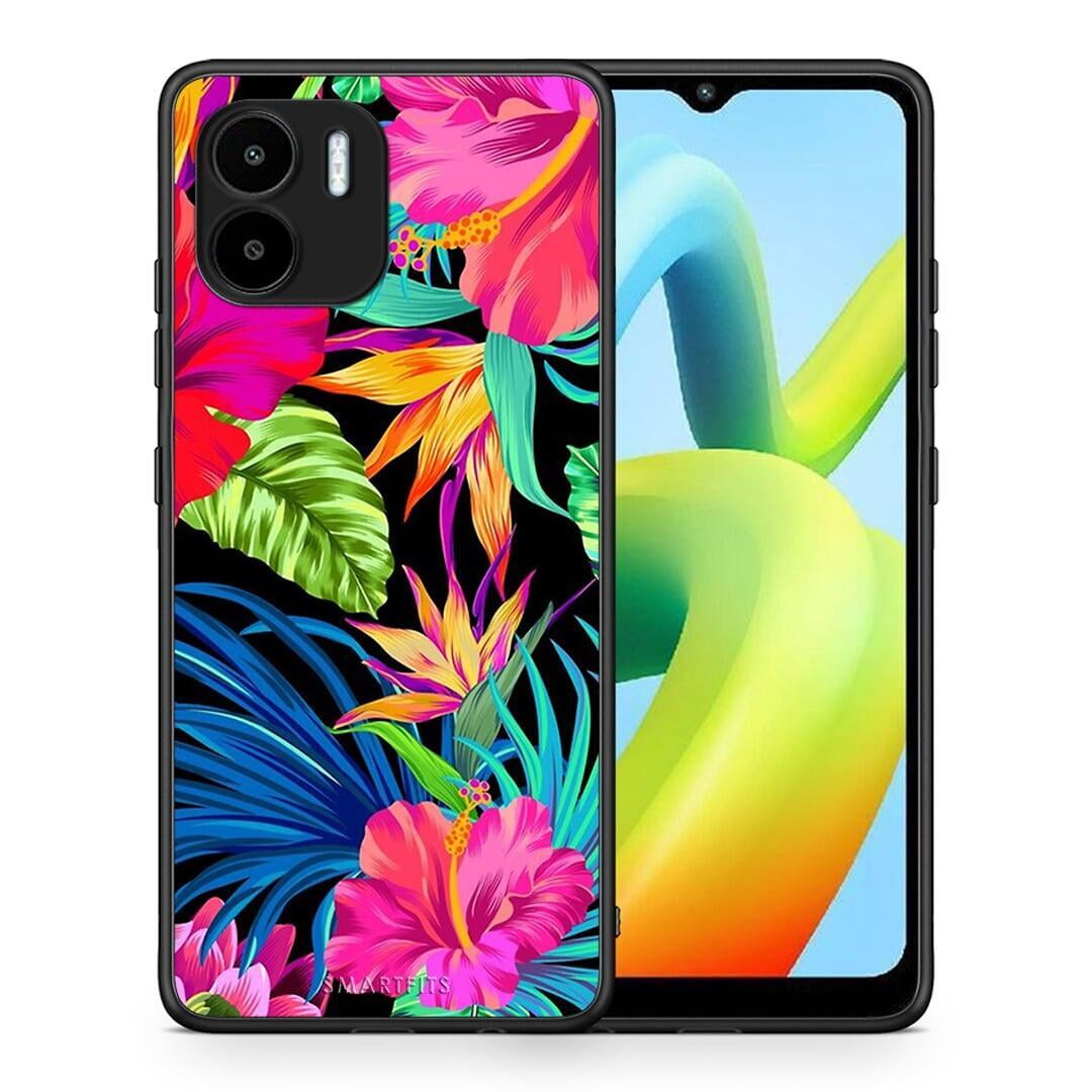 Θήκη Xiaomi Redmi A1 / A2 Tropical Flowers από τη Smartfits με σχέδιο στο πίσω μέρος και μαύρο περίβλημα | Xiaomi Redmi A1 / A2 Tropical Flowers Case with Colorful Back and Black Bezels