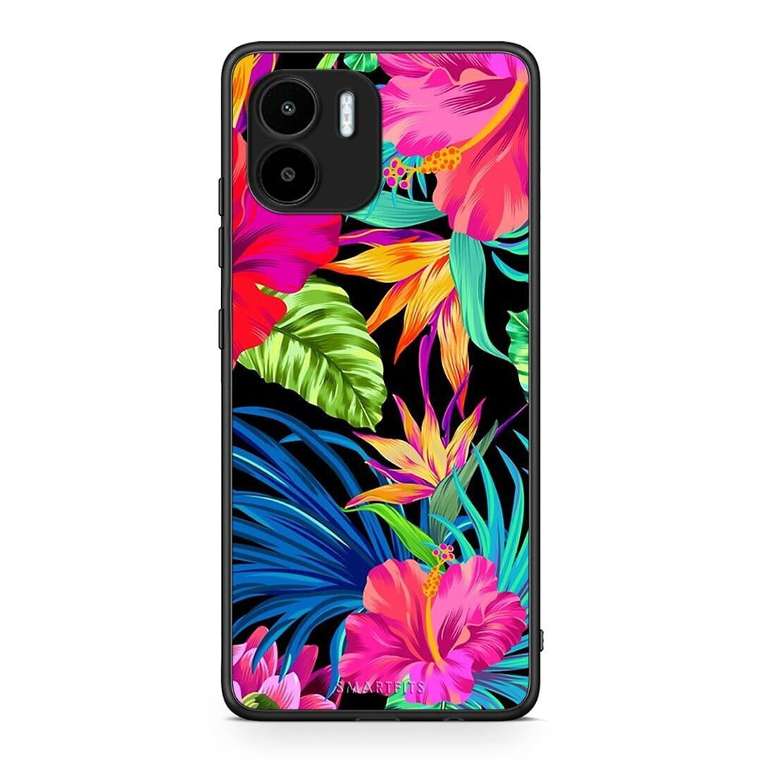 Θήκη Xiaomi Redmi A1 / A2 Tropical Flowers από τη Smartfits με σχέδιο στο πίσω μέρος και μαύρο περίβλημα | Xiaomi Redmi A1 / A2 Tropical Flowers Case with Colorful Back and Black Bezels