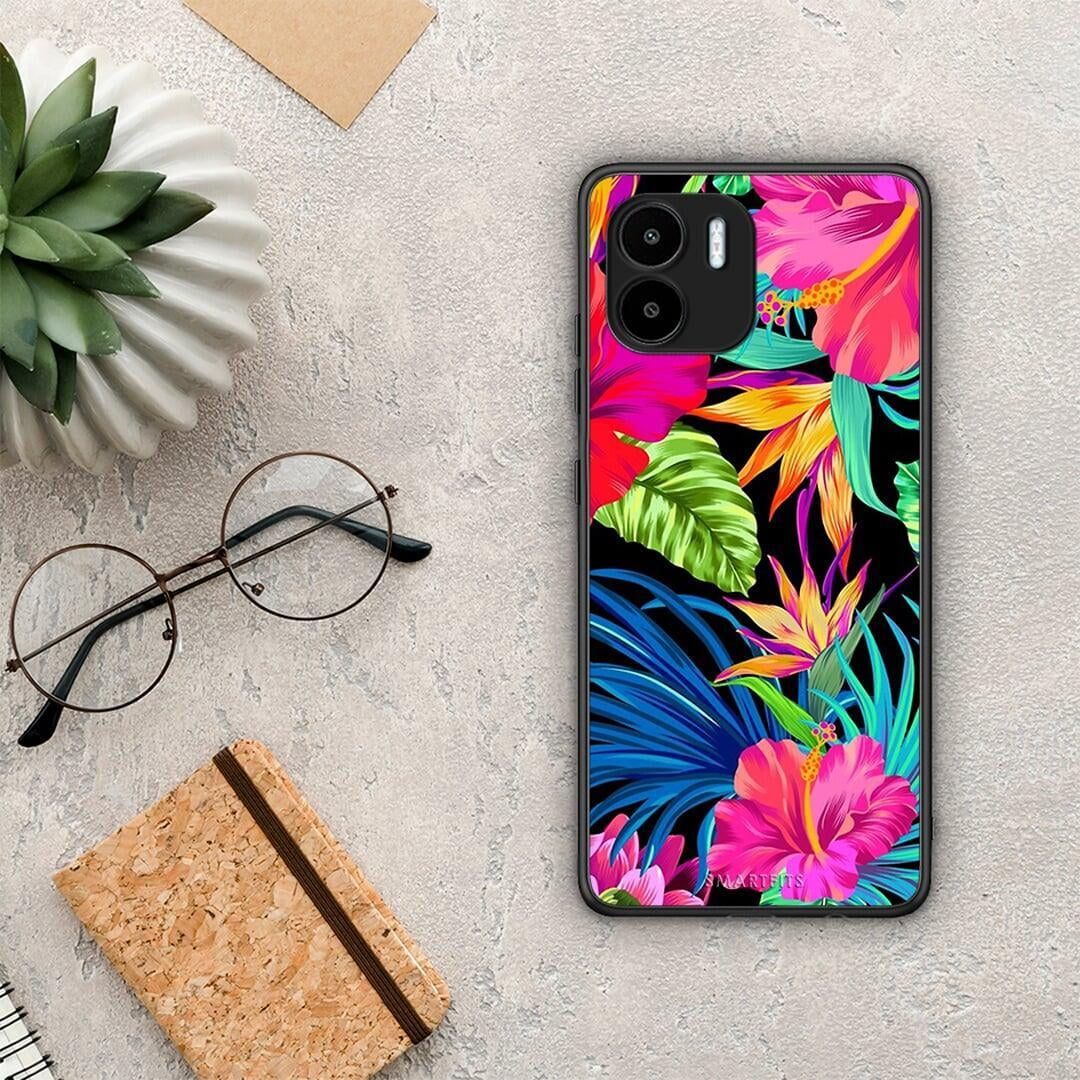 Θήκη Xiaomi Redmi A1 / A2 Tropical Flowers από τη Smartfits με σχέδιο στο πίσω μέρος και μαύρο περίβλημα | Xiaomi Redmi A1 / A2 Tropical Flowers Case with Colorful Back and Black Bezels