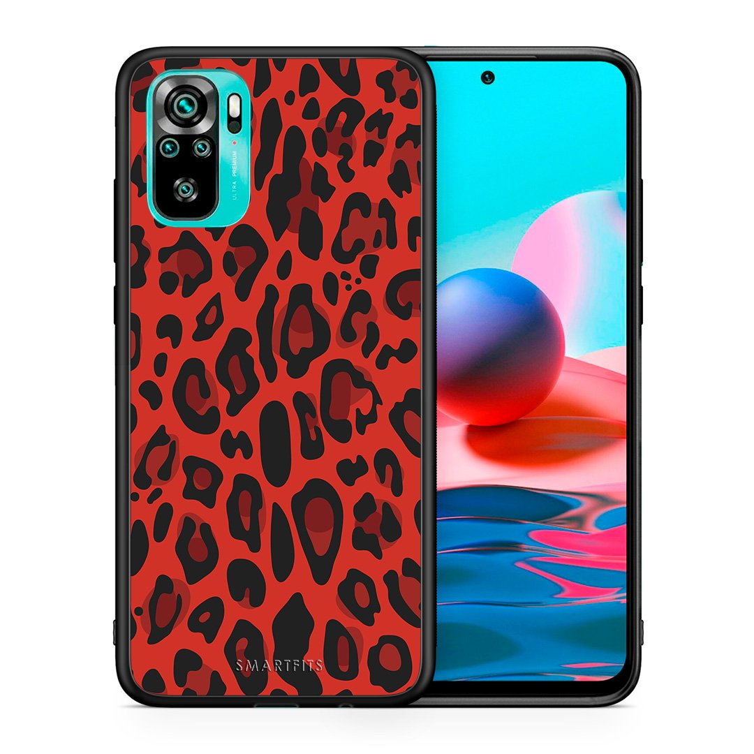 Θήκη Xiaomi Redmi Note 10 Red Leopard Animal από τη Smartfits με σχέδιο στο πίσω μέρος και μαύρο περίβλημα | Xiaomi Redmi Note 10 Red Leopard Animal case with colorful back and black bezels