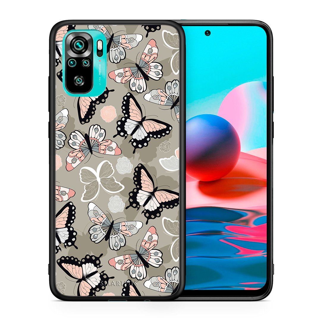 Θήκη Xiaomi Redmi Note 10 Butterflies Boho από τη Smartfits με σχέδιο στο πίσω μέρος και μαύρο περίβλημα | Xiaomi Redmi Note 10 Butterflies Boho case with colorful back and black bezels