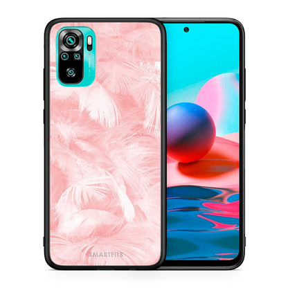 Θήκη Xiaomi Redmi Note 10 Pink Feather Boho από τη Smartfits με σχέδιο στο πίσω μέρος και μαύρο περίβλημα | Xiaomi Redmi Note 10 Pink Feather Boho case with colorful back and black bezels
