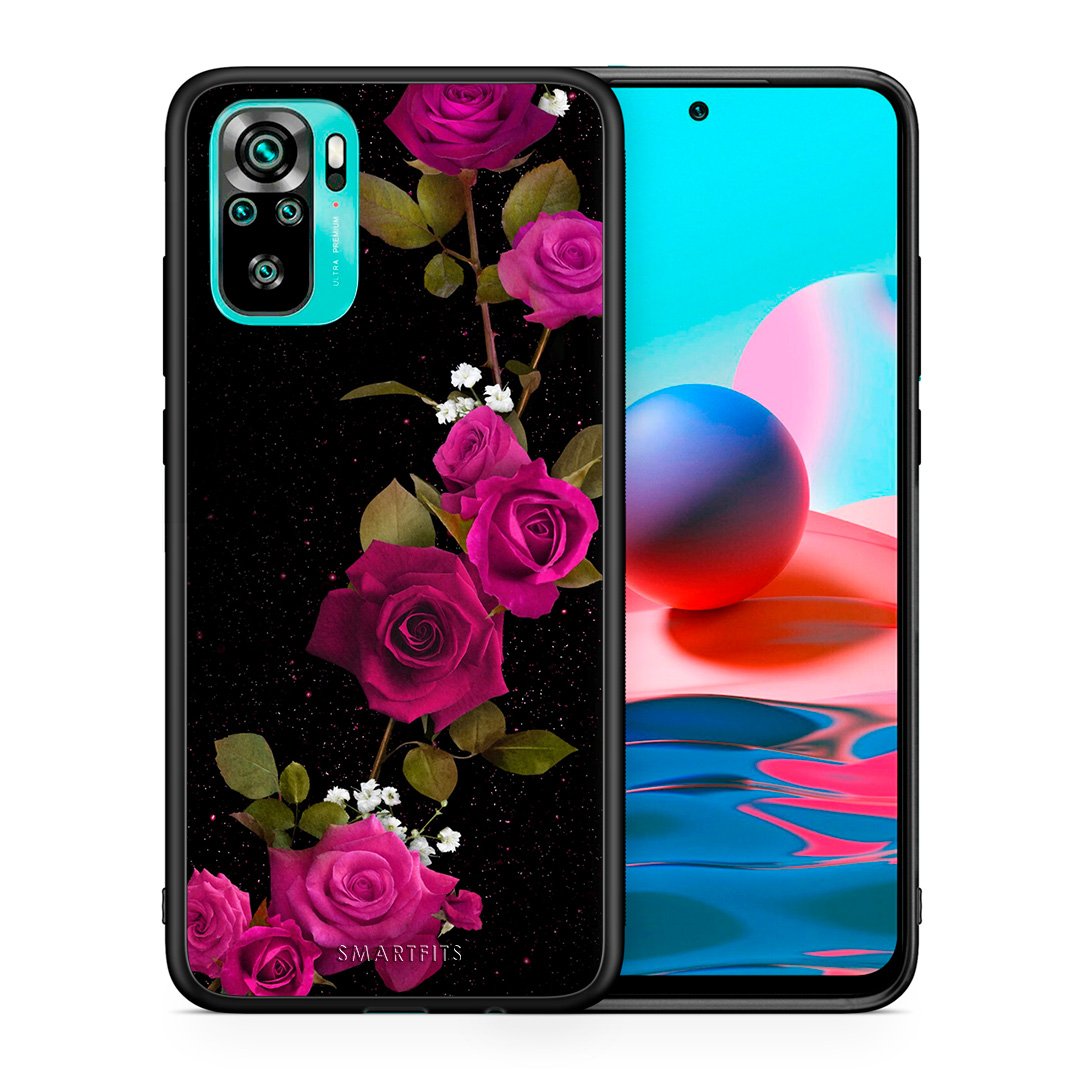 Θήκη Xiaomi Redmi Note 10 Red Roses Flower από τη Smartfits με σχέδιο στο πίσω μέρος και μαύρο περίβλημα | Xiaomi Redmi Note 10 Red Roses Flower case with colorful back and black bezels