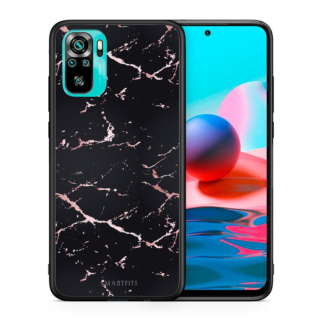 Θήκη Xiaomi Redmi Note 10 Black Rosegold Marble από τη Smartfits με σχέδιο στο πίσω μέρος και μαύρο περίβλημα | Xiaomi Redmi Note 10 Black Rosegold Marble case with colorful back and black bezels