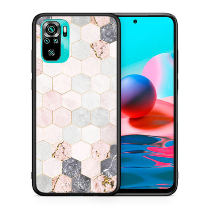 Θήκη Xiaomi Redmi Note 10 Hexagon Pink Marble από τη Smartfits με σχέδιο στο πίσω μέρος και μαύρο περίβλημα | Xiaomi Redmi Note 10 Hexagon Pink Marble case with colorful back and black bezels