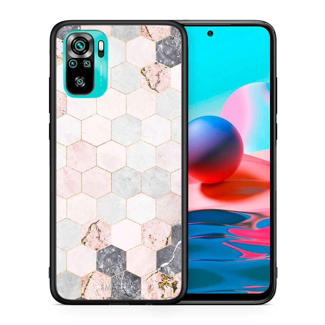 Θήκη Xiaomi Redmi Note 10 Hexagon Pink Marble από τη Smartfits με σχέδιο στο πίσω μέρος και μαύρο περίβλημα | Xiaomi Redmi Note 10 Hexagon Pink Marble case with colorful back and black bezels