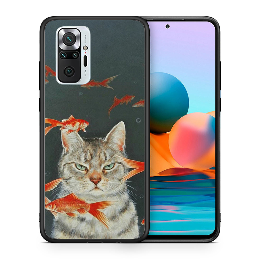 Θήκη Xiaomi Redmi Note 10 Pro Cat Goldfish από τη Smartfits με σχέδιο στο πίσω μέρος και μαύρο περίβλημα | Xiaomi Redmi Note 10 Pro Cat Goldfish case with colorful back and black bezels