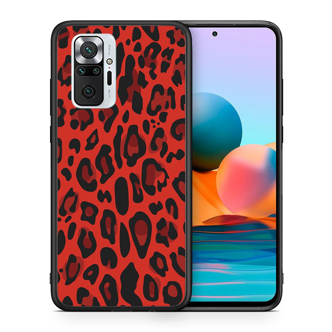 Θήκη Xiaomi Redmi Note 10 Pro Red Leopard Animal από τη Smartfits με σχέδιο στο πίσω μέρος και μαύρο περίβλημα | Xiaomi Redmi Note 10 Pro Red Leopard Animal case with colorful back and black bezels
