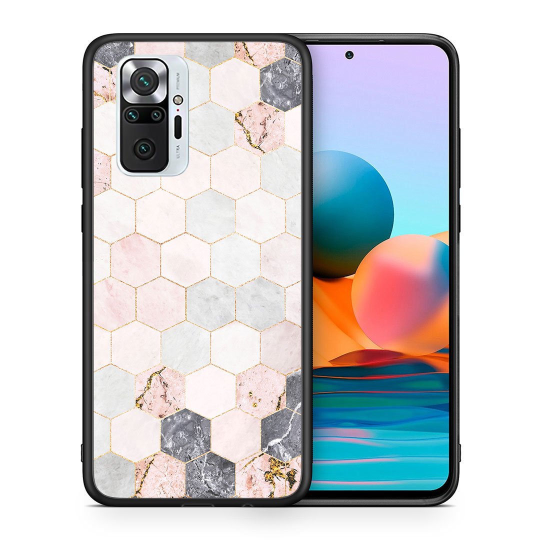 Θήκη Xiaomi Redmi Note 10 Pro Hexagon Pink Marble από τη Smartfits με σχέδιο στο πίσω μέρος και μαύρο περίβλημα | Xiaomi Redmi Note 10 Pro Hexagon Pink Marble case with colorful back and black bezels