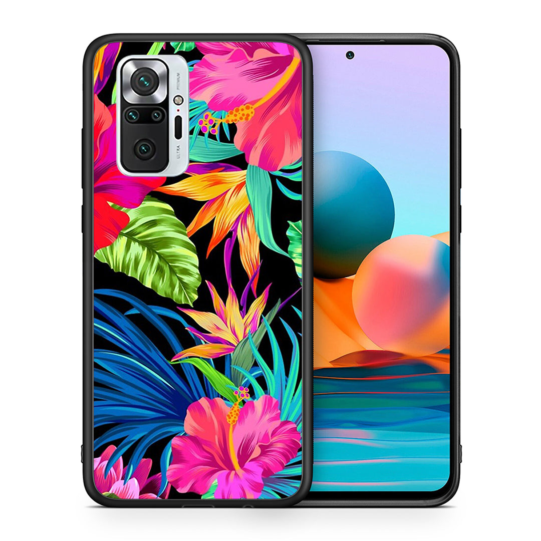 Θήκη Xiaomi Redmi Note 10 Pro Tropical Flowers από τη Smartfits με σχέδιο στο πίσω μέρος και μαύρο περίβλημα | Xiaomi Redmi Note 10 Pro Tropical Flowers case with colorful back and black bezels