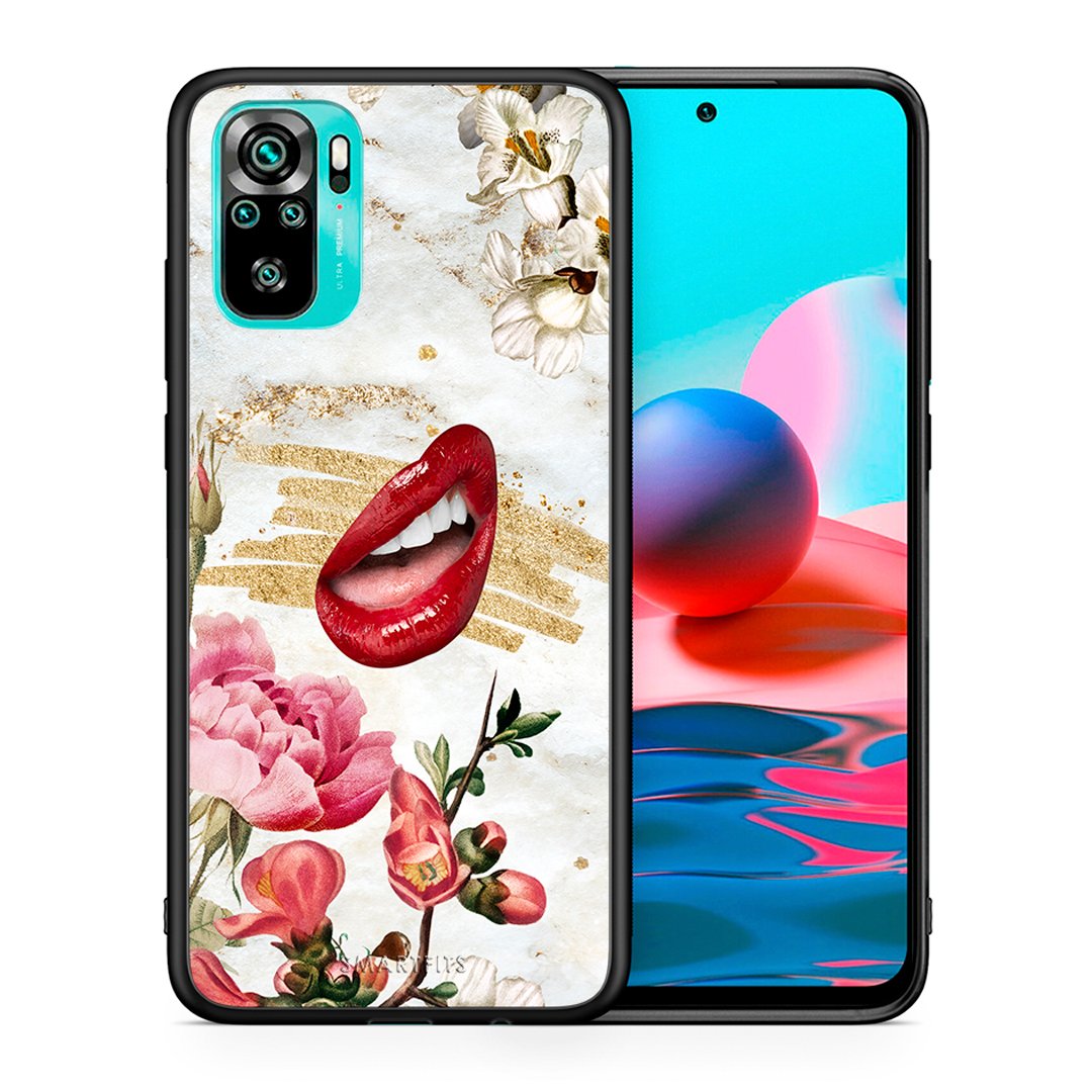 Θήκη Xiaomi Redmi Note 10 Red Lips από τη Smartfits με σχέδιο στο πίσω μέρος και μαύρο περίβλημα | Xiaomi Redmi Note 10 Red Lips case with colorful back and black bezels