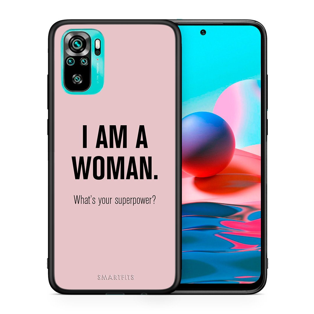 Θήκη Xiaomi Redmi Note 10 Superpower Woman από τη Smartfits με σχέδιο στο πίσω μέρος και μαύρο περίβλημα | Xiaomi Redmi Note 10 Superpower Woman case with colorful back and black bezels