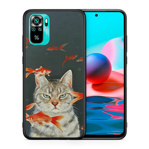 Θήκη Xiaomi Redmi Note 10 Cat Goldfish από τη Smartfits με σχέδιο στο πίσω μέρος και μαύρο περίβλημα | Xiaomi Redmi Note 10 Cat Goldfish case with colorful back and black bezels