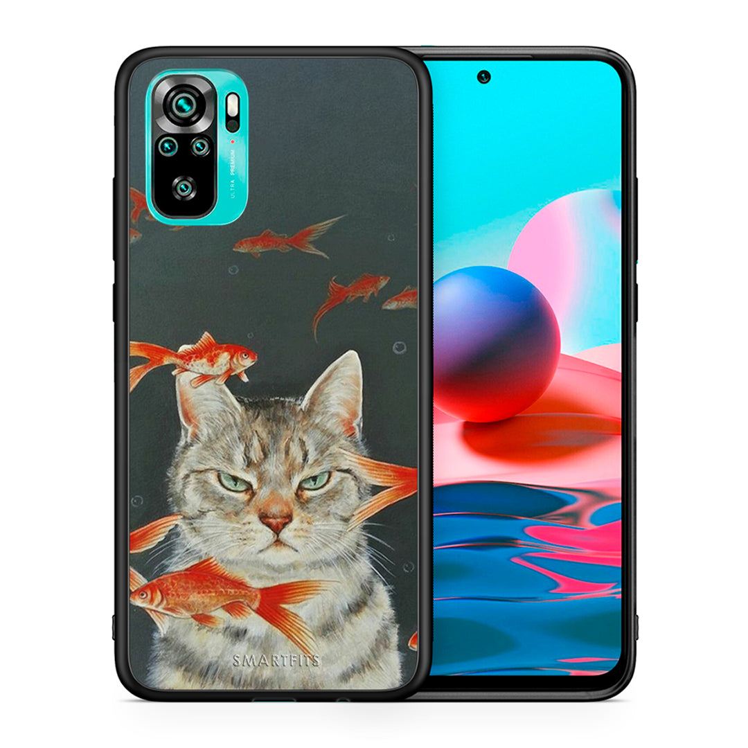 Θήκη Xiaomi Redmi Note 10 Cat Goldfish από τη Smartfits με σχέδιο στο πίσω μέρος και μαύρο περίβλημα | Xiaomi Redmi Note 10 Cat Goldfish case with colorful back and black bezels