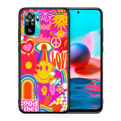 Θήκη Xiaomi Redmi Note 10 Hippie Love από τη Smartfits με σχέδιο στο πίσω μέρος και μαύρο περίβλημα | Xiaomi Redmi Note 10 Hippie Love case with colorful back and black bezels