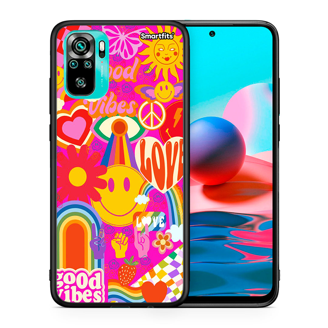 Θήκη Xiaomi Redmi Note 10 Hippie Love από τη Smartfits με σχέδιο στο πίσω μέρος και μαύρο περίβλημα | Xiaomi Redmi Note 10 Hippie Love case with colorful back and black bezels