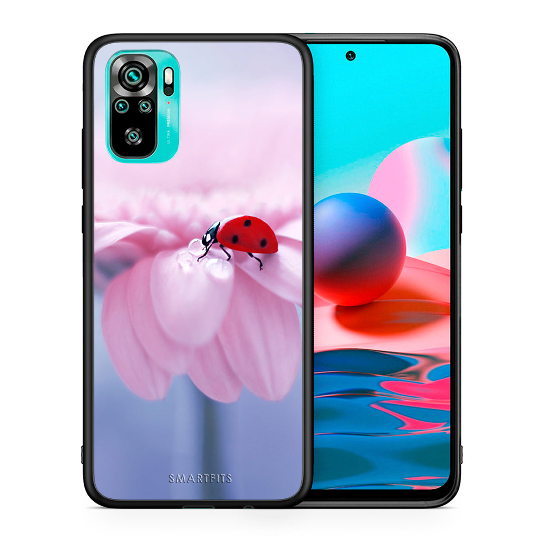 Θήκη Xiaomi Redmi Note 10 Ladybug Flower από τη Smartfits με σχέδιο στο πίσω μέρος και μαύρο περίβλημα | Xiaomi Redmi Note 10 Ladybug Flower case with colorful back and black bezels
