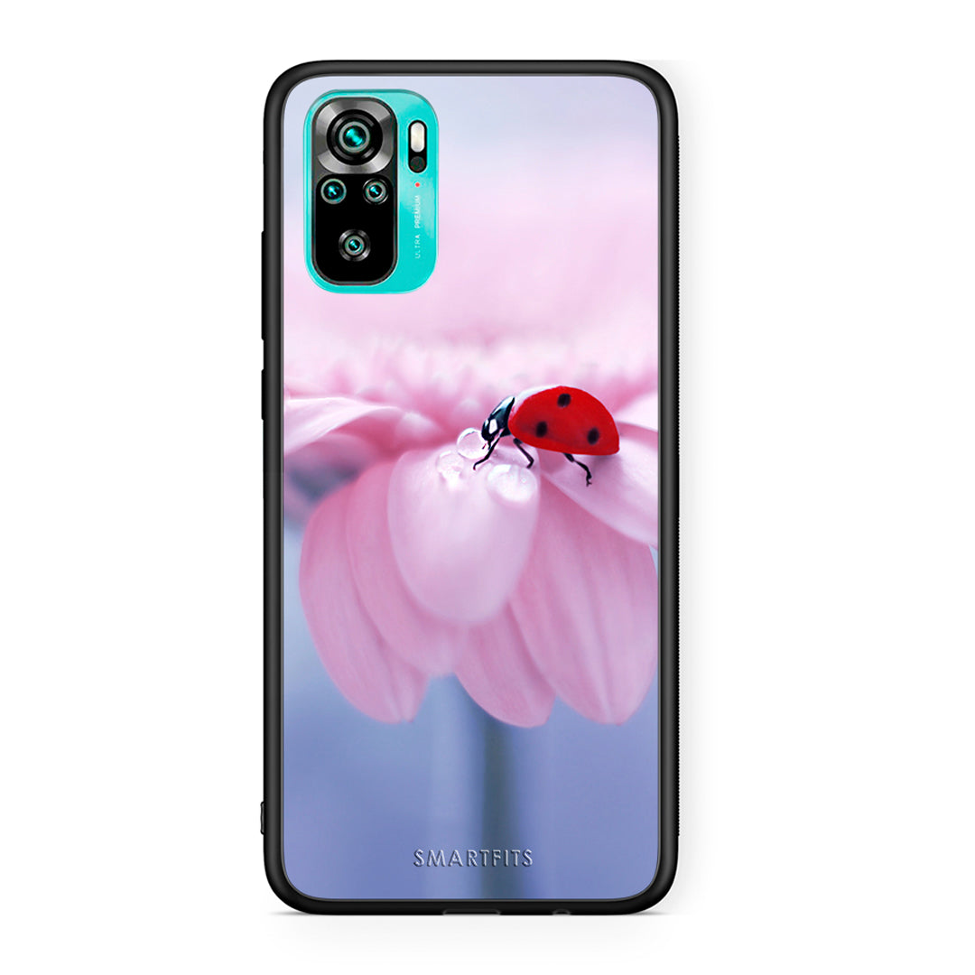 Xiaomi Redmi Note 10 Ladybug Flower θήκη από τη Smartfits με σχέδιο στο πίσω μέρος και μαύρο περίβλημα | Smartphone case with colorful back and black bezels by Smartfits