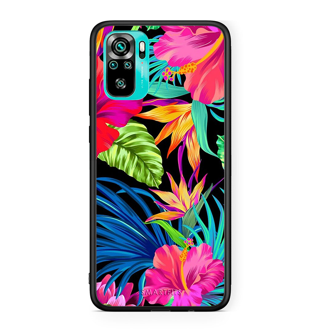 Xiaomi Redmi Note 10 Tropical Flowers θήκη από τη Smartfits με σχέδιο στο πίσω μέρος και μαύρο περίβλημα | Smartphone case with colorful back and black bezels by Smartfits