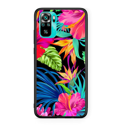 Xiaomi Redmi Note 10 Tropical Flowers θήκη από τη Smartfits με σχέδιο στο πίσω μέρος και μαύρο περίβλημα | Smartphone case with colorful back and black bezels by Smartfits