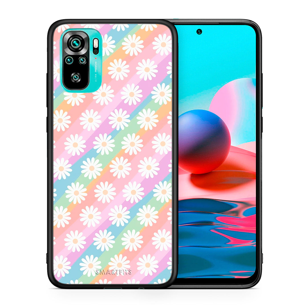 Θήκη Xiaomi Redmi Note 10 White Daisies από τη Smartfits με σχέδιο στο πίσω μέρος και μαύρο περίβλημα | Xiaomi Redmi Note 10 White Daisies case with colorful back and black bezels