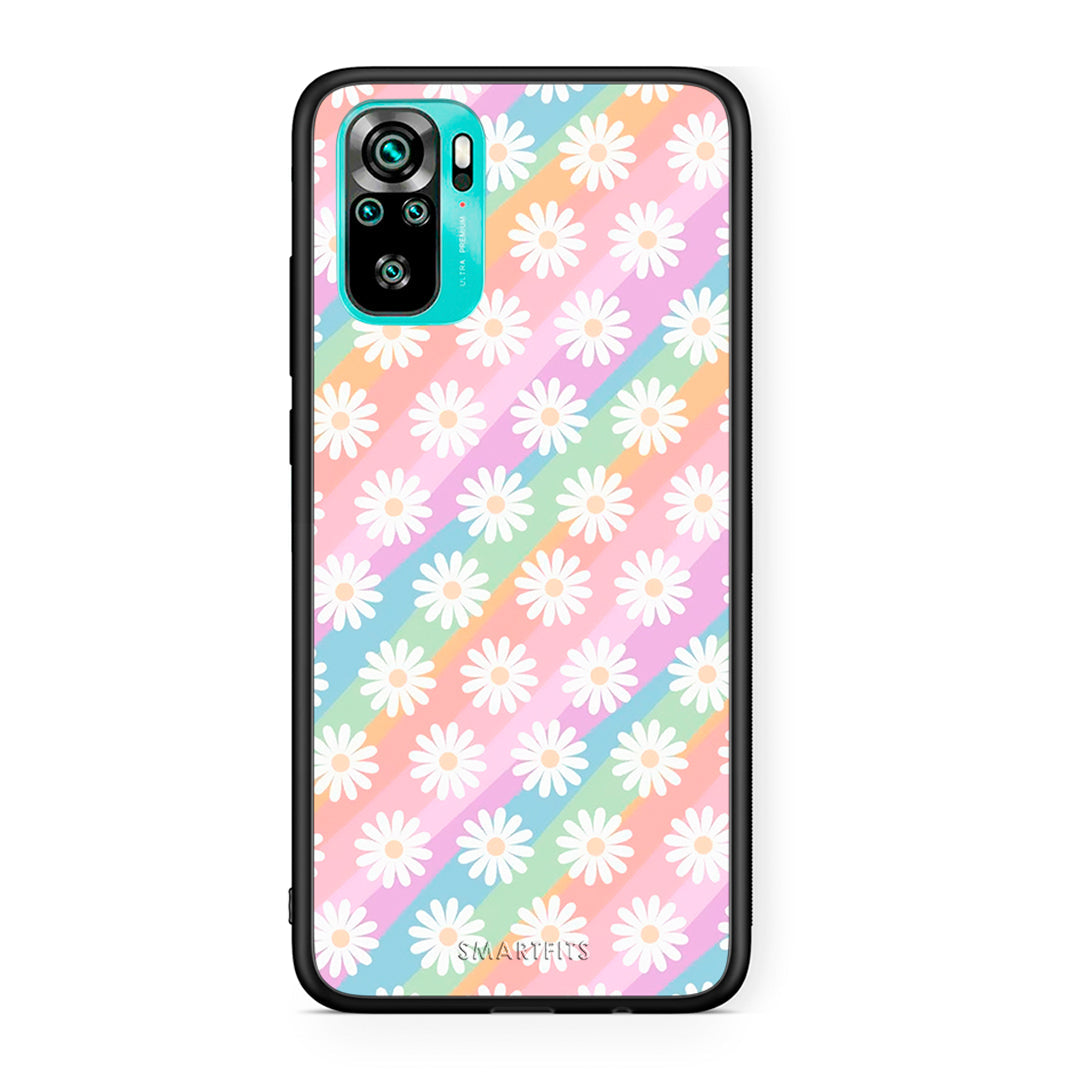 Xiaomi Redmi Note 10 White Daisies θήκη από τη Smartfits με σχέδιο στο πίσω μέρος και μαύρο περίβλημα | Smartphone case with colorful back and black bezels by Smartfits