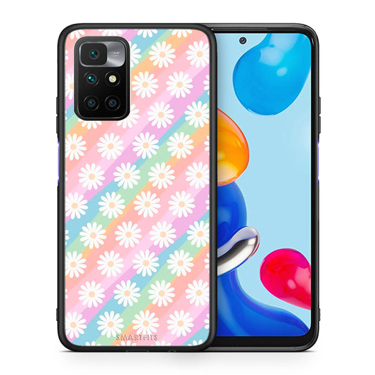 Θήκη Xiaomi Redmi 10/Redmi Note 11 4G White Daisies από τη Smartfits με σχέδιο στο πίσω μέρος και μαύρο περίβλημα | Xiaomi Redmi 10/Redmi Note 11 4G White Daisies case with colorful back and black bezels