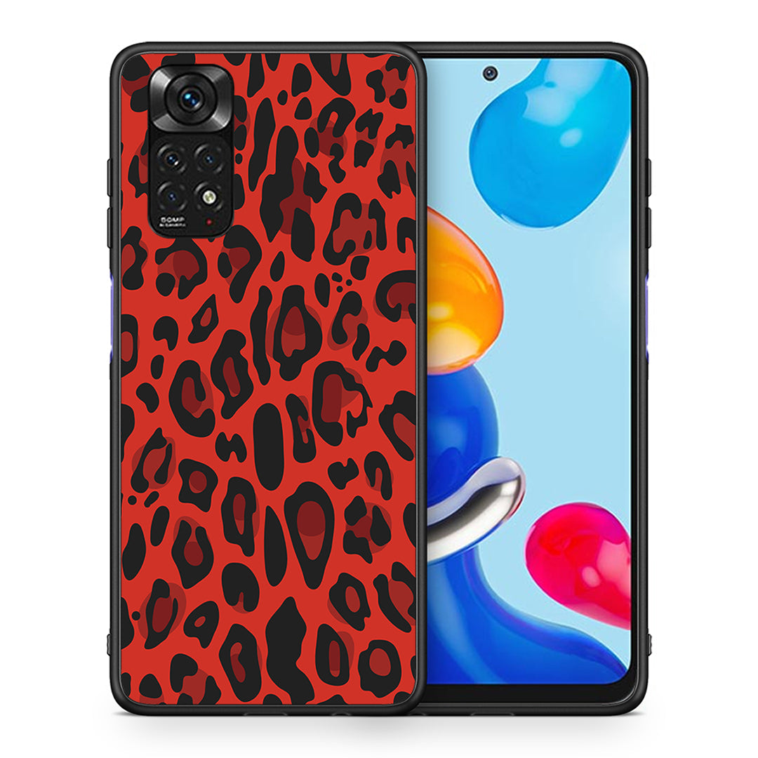 Θήκη Xiaomi Redmi Note 11 Red Leopard Animal από τη Smartfits με σχέδιο στο πίσω μέρος και μαύρο περίβλημα | Xiaomi Redmi Note 11 Red Leopard Animal case with colorful back and black bezels