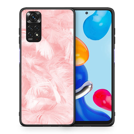 Θήκη Xiaomi Redmi Note 11 Pink Feather Boho από τη Smartfits με σχέδιο στο πίσω μέρος και μαύρο περίβλημα | Xiaomi Redmi Note 11 Pink Feather Boho case with colorful back and black bezels