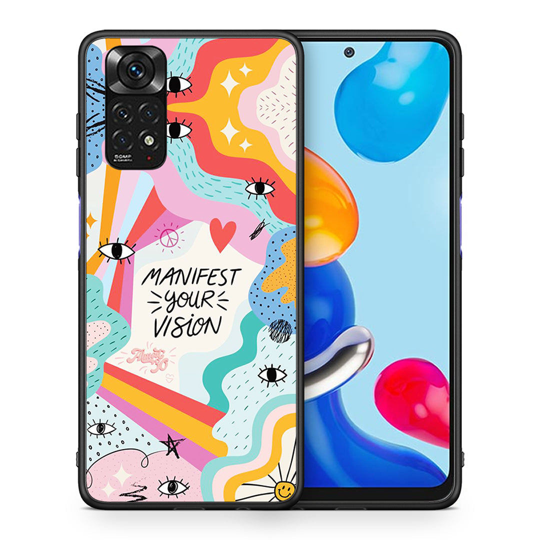 Θήκη Xiaomi Redmi Note 11 Manifest Your Vision από τη Smartfits με σχέδιο στο πίσω μέρος και μαύρο περίβλημα | Xiaomi Redmi Note 11 Manifest Your Vision case with colorful back and black bezels
