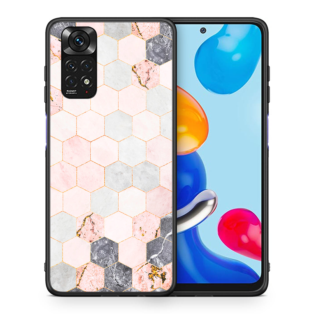 Θήκη Xiaomi Redmi Note 11 Hexagon Pink Marble από τη Smartfits με σχέδιο στο πίσω μέρος και μαύρο περίβλημα | Xiaomi Redmi Note 11 Hexagon Pink Marble case with colorful back and black bezels