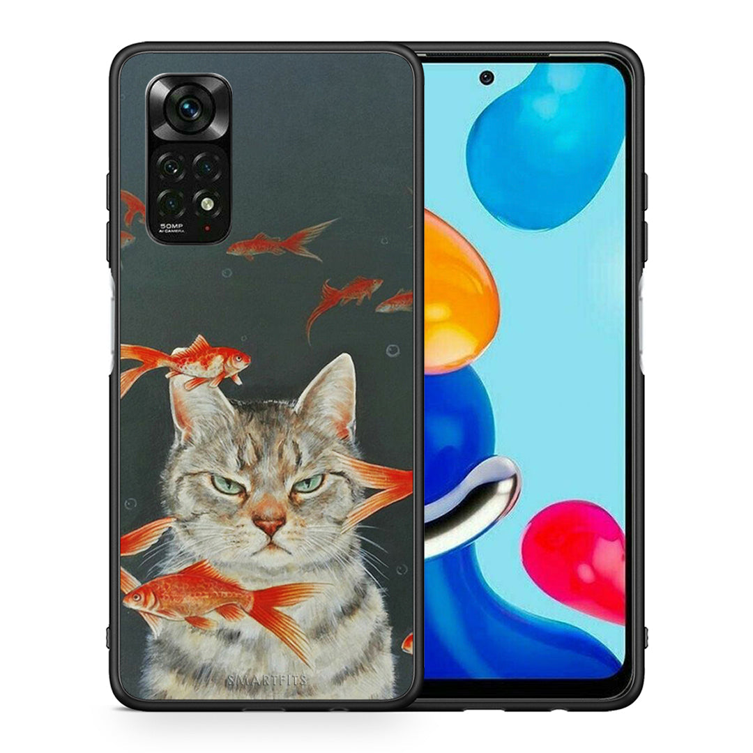 Θήκη Xiaomi Redmi Note 11 Pro 5G Cat Goldfish από τη Smartfits με σχέδιο στο πίσω μέρος και μαύρο περίβλημα | Xiaomi Redmi Note 11 Pro 5G Cat Goldfish case with colorful back and black bezels