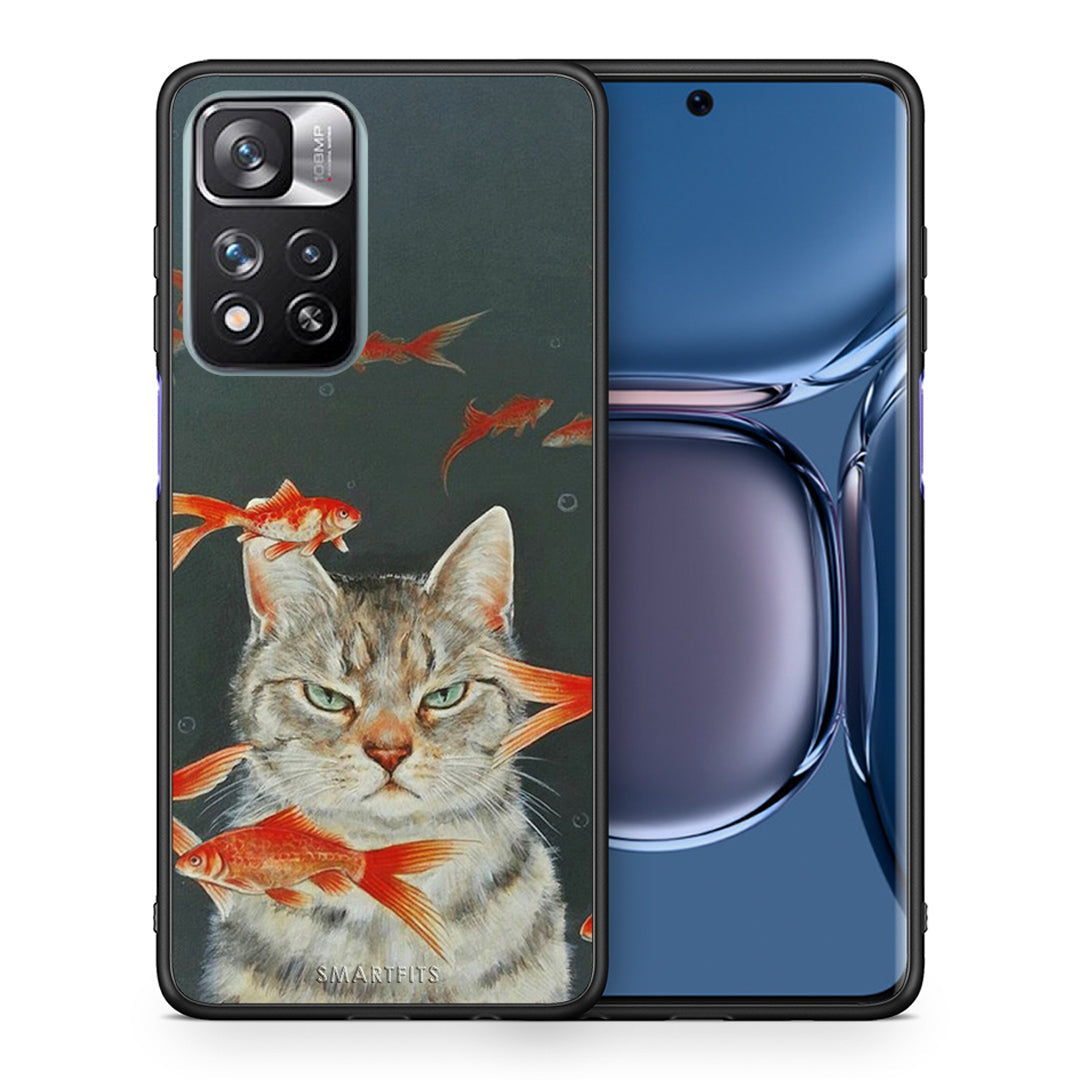 Θήκη Xiaomi Redmi Note 11 Pro/11 Pro+ Cat Goldfish από τη Smartfits με σχέδιο στο πίσω μέρος και μαύρο περίβλημα | Xiaomi Redmi Note 11 Pro/11 Pro+ Cat Goldfish case with colorful back and black bezels