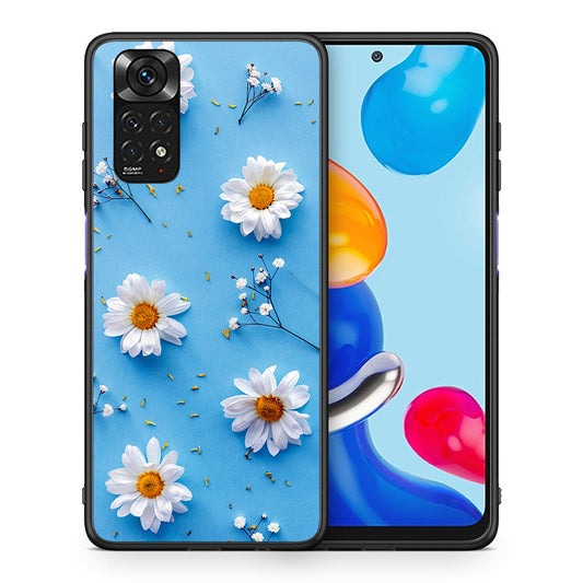 Θήκη Xiaomi Redmi Note 11 Real Daisies από τη Smartfits με σχέδιο στο πίσω μέρος και μαύρο περίβλημα | Xiaomi Redmi Note 11 Real Daisies case with colorful back and black bezels