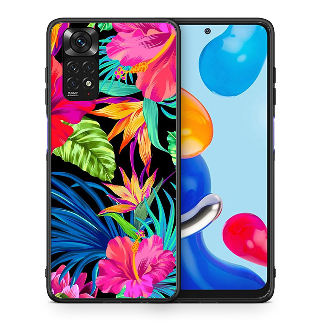 Θήκη Xiaomi Redmi Note 11 Tropical Flowers από τη Smartfits με σχέδιο στο πίσω μέρος και μαύρο περίβλημα | Xiaomi Redmi Note 11 Tropical Flowers case with colorful back and black bezels